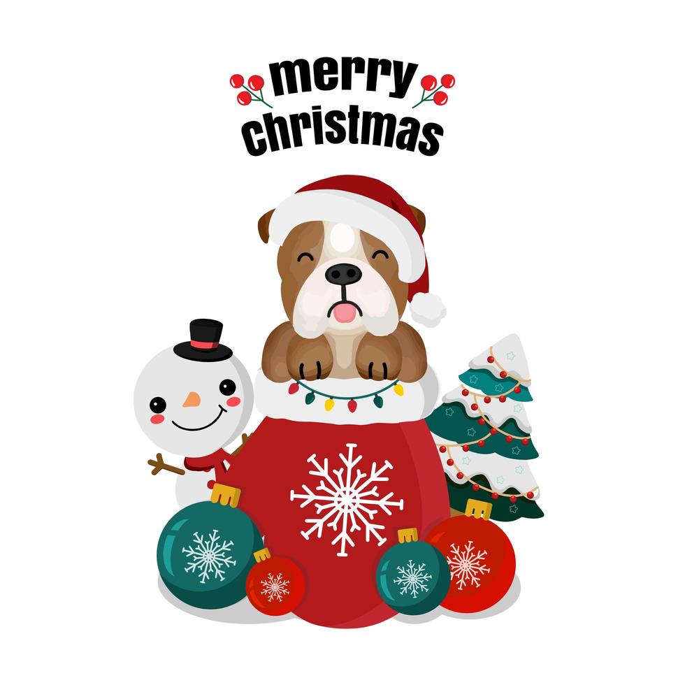 disegno di Natale con cane in calza e pupazzo di neve vettore