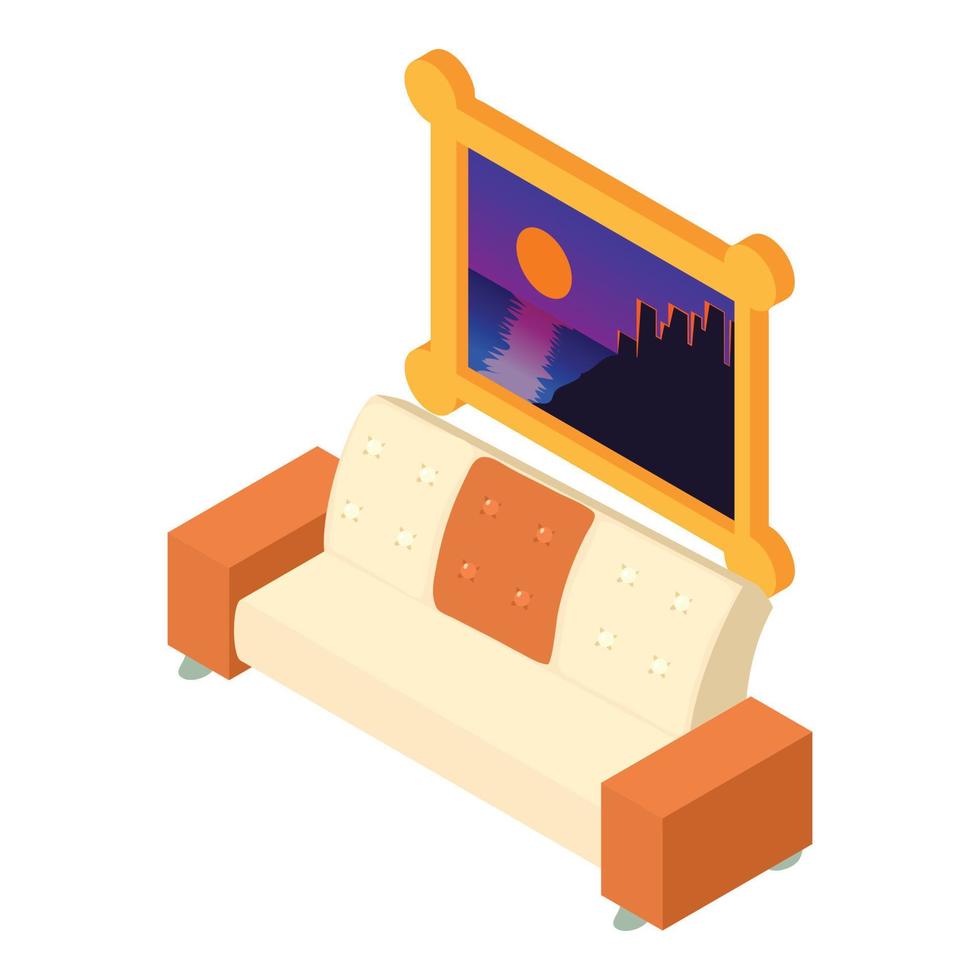 soggiorno mobilia icona isometrico vettore. confortevole divano e immagine su parete vettore