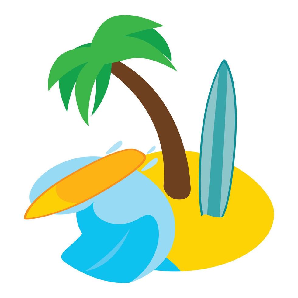 Surf isola icona isometrico vettore. tavola da surf su Paradiso isola con palma albero vettore