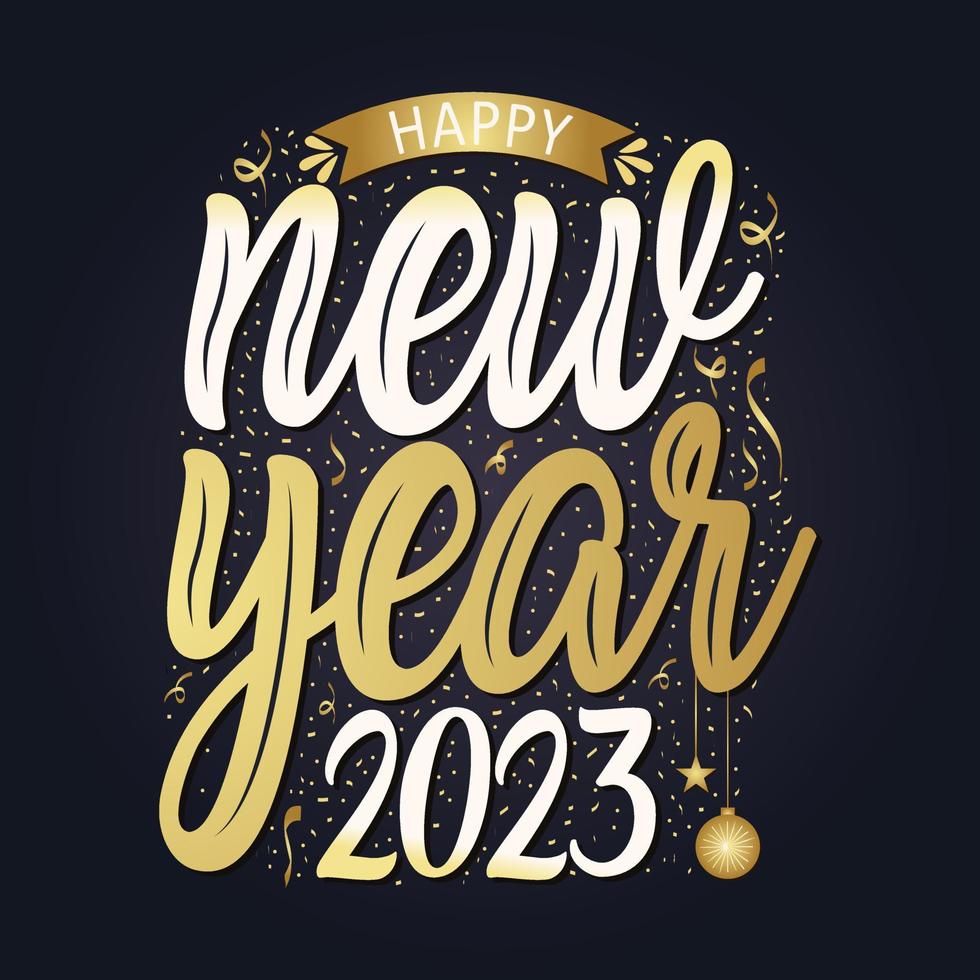 contento nuovo anno 2023 con festivo. lettering composizione con stelle e brilla. vettore illustrazione. buio sfondo. vacanza decorativo elementi. congratulazione