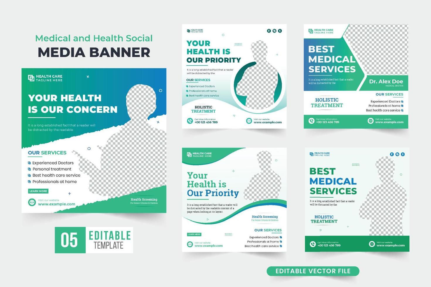 medico servizio sociale media inviare fascio design con verde e blu colori. assistenza sanitaria servizio promozionale ragnatela bandiera collezione per marketing. ospedale medico trattamento manifesto modello impostato vettore. vettore