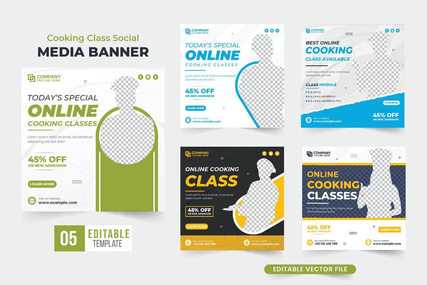 cucinando lezione promozionale manifesto fascio design per marketing. cucinando classe sconto modello collezione con verde e giallo colori. capocuoco formazione classe sociale media inviare impostato per il ristorante. vettore