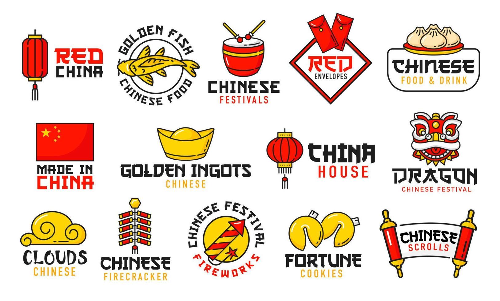 Cinese cibo, Festival, vacanza e religione icone vettore