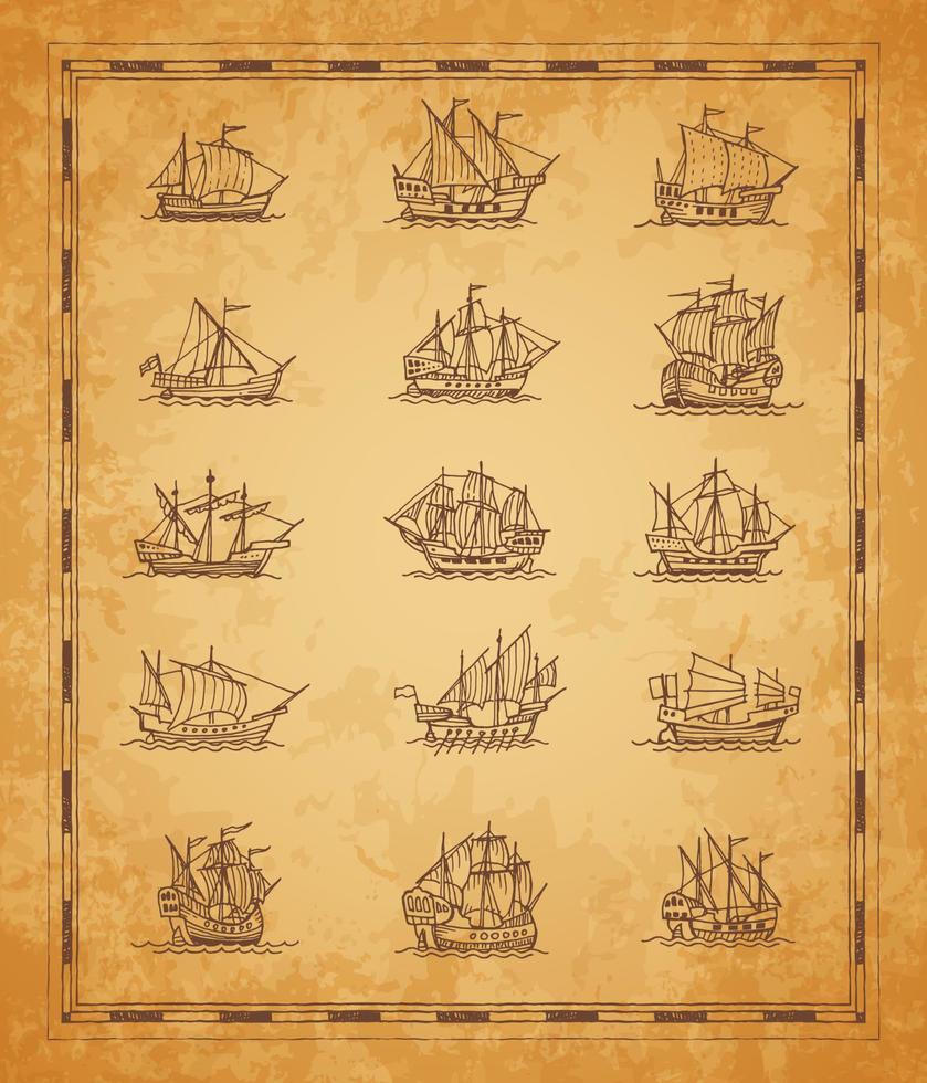 Vintage ▾ vela navi e barche a vela schizzi su carta geografica vettore