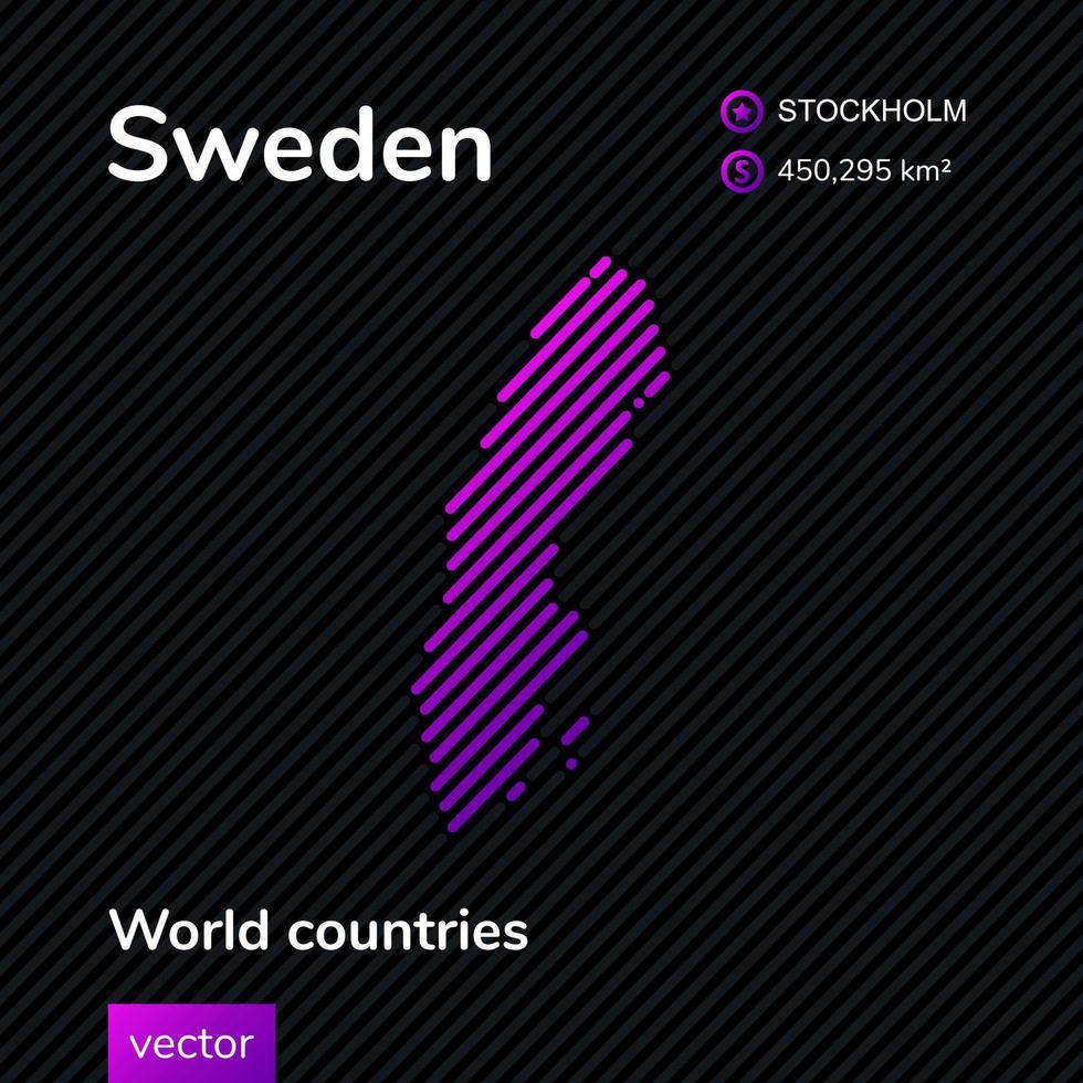 Svezia carta geografica. vettore creativo digitale neon piatto astratto semplice carta geografica con Viola, viola, rosa a strisce struttura su nero sfondo. educativo striscione, manifesto di Svezia