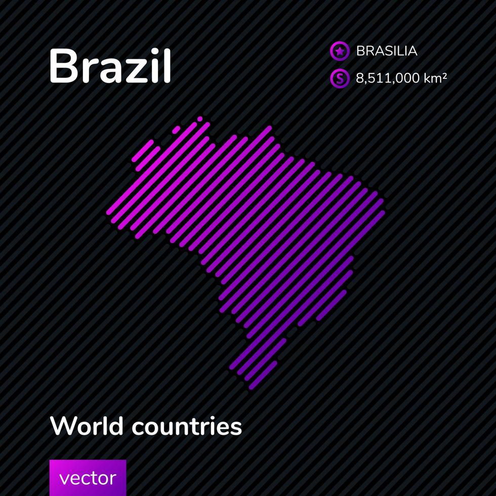 stilizzato vettore carta geografica di brasile nel viola colori su a strisce nero sfondo nel piatto stile. formazione scolastica bandiera
