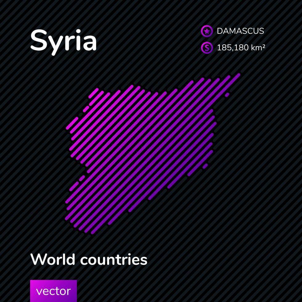 vettore creativo digitale neon piatto carta geografica di Siria con Viola, viola, rosa a strisce struttura su nero sfondo. educativo striscione, manifesto di Siria