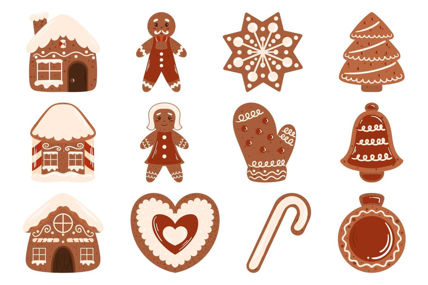 Pan di zenzero biscotti collezione. inverno tradizionale decorato impostato di dolci nel forma Casa e stella, Natale albero e campana, Pan di zenzero uomo e donna, cuore, palla e guanto. vettore