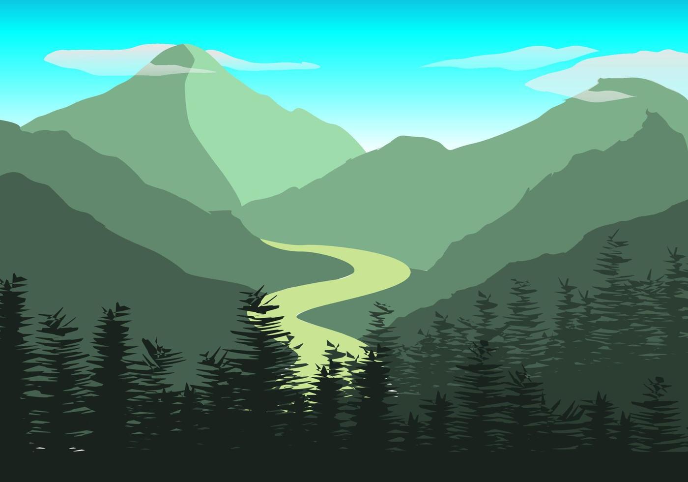 natura scena con fiume e colline, foresta e montagne, paesaggio piatto illustrazione vettore