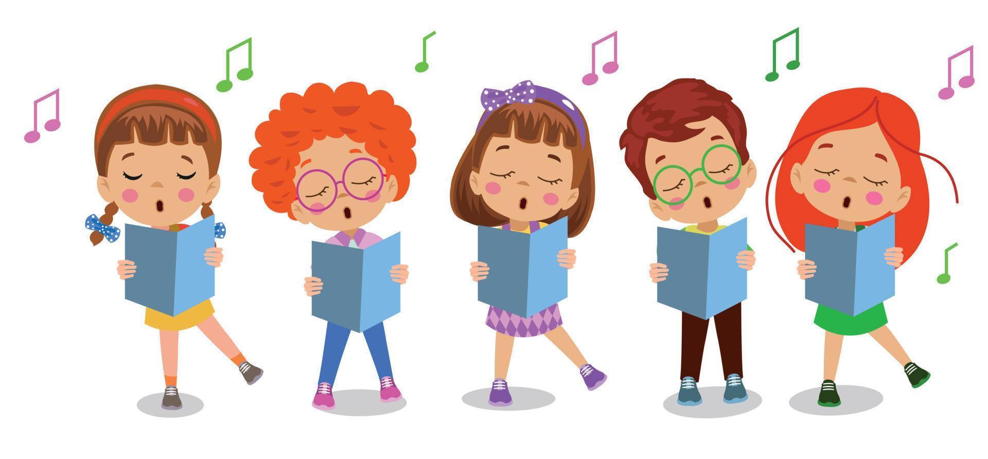 gruppo di cartoni animati di bambini che cantano nel coro della scuola vettore
