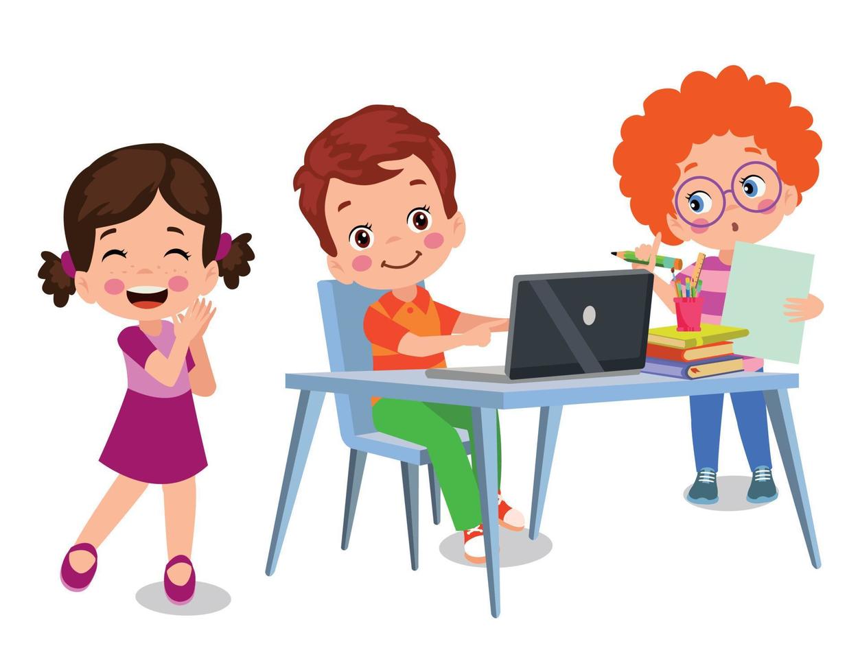 vettore illustrazione di bambini con computer e con un' amico