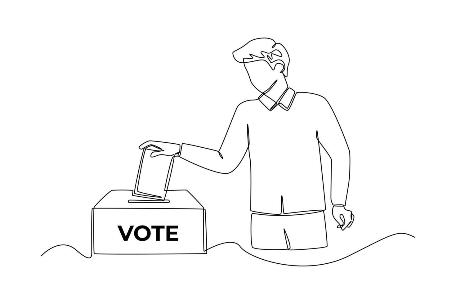 continuo uno linea disegno uomo mettendo votazione carta in elezione scatola per generale regionale o presidenziale elezione. voto concetto. singolo linea disegnare design vettore grafico illustrazione.