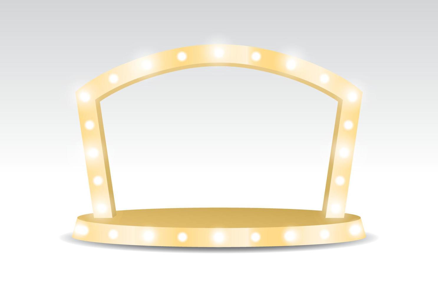 oro brillante leggero lampadina arco con podio Schermo palcoscenico 3d illustrazione vettore per mettendo oggetto