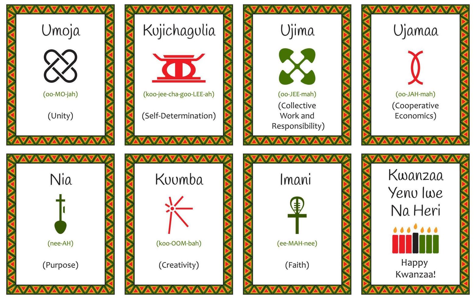 un' impostato di carte con Sette segni di il Kwanzaa i principi. simbolo con nomi nel swahili e descrizione. manifesto con un etnico africano modello nel tradizionale colori. vettore illustrazione