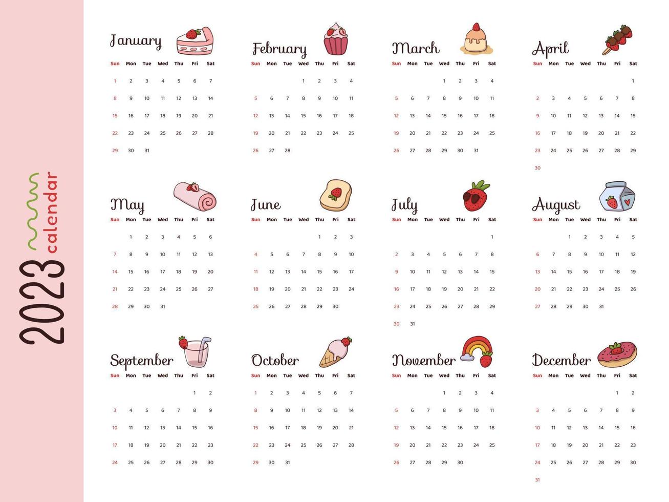 2023 nuovo anno calendario modello con cibo design illustrazione vettore