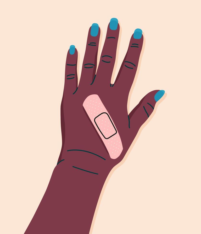 colorato medico toppa su donna di mano. femmina mano con malta. assistenza sanitaria e medicina concetto. mano disegnato moderno piatto vettore illustrazione per ragnatela striscione, carta design.