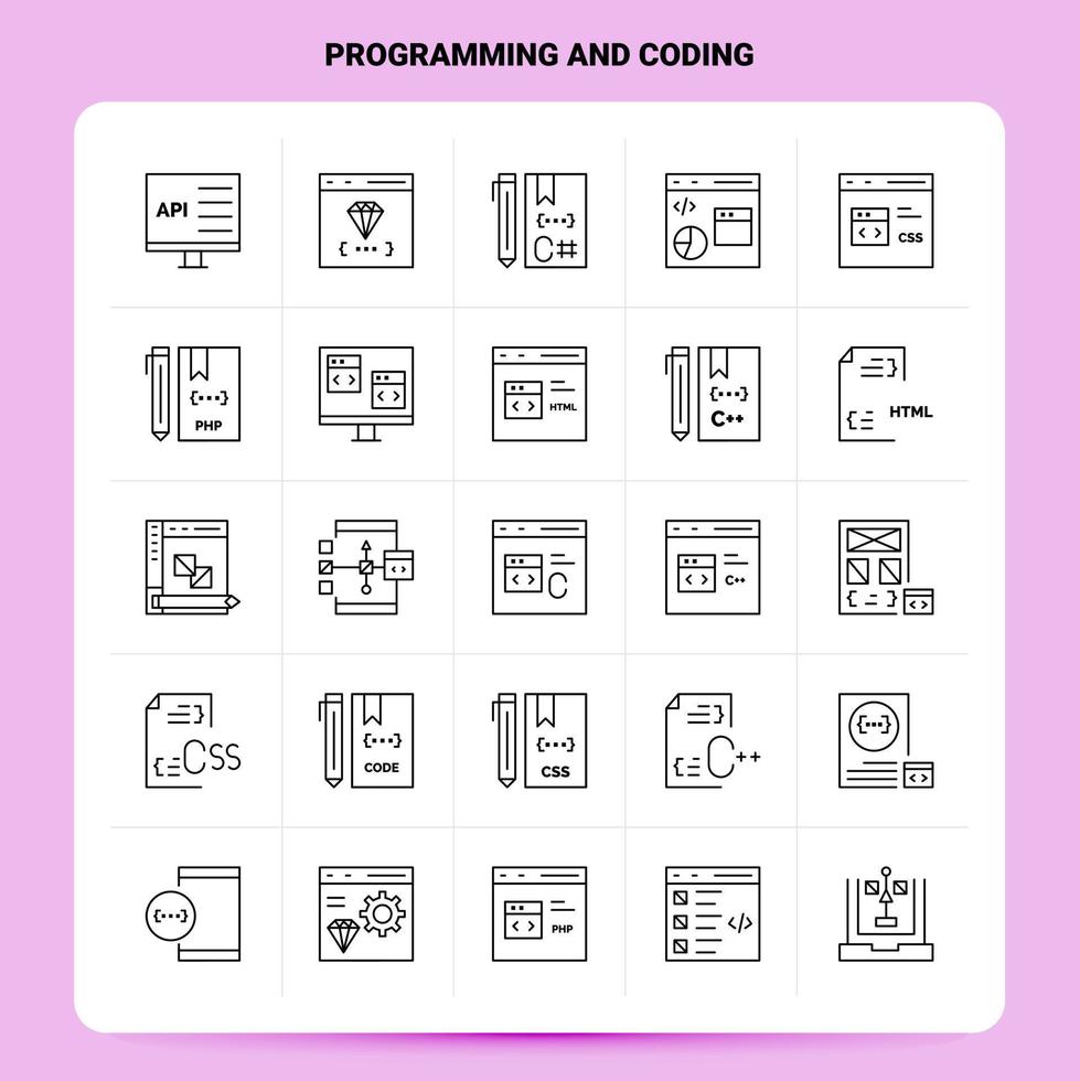 schema 25 programmazione e codifica icona impostare. vettore linea stile design nero icone impostare. lineare pittogramma pacchetto. ragnatela e mobile attività commerciale idee design vettore illustrazione.