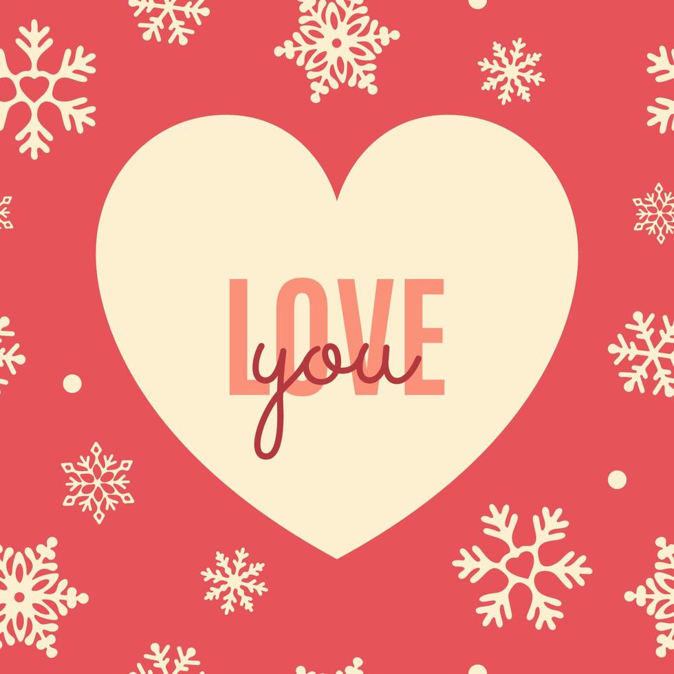 inverno carta io amore voi. cuore su un' rosso sfondo con un' modello di fiocchi di neve. concetto di il vacanza, San Valentino giorno e Natale. vettore illustrazione.