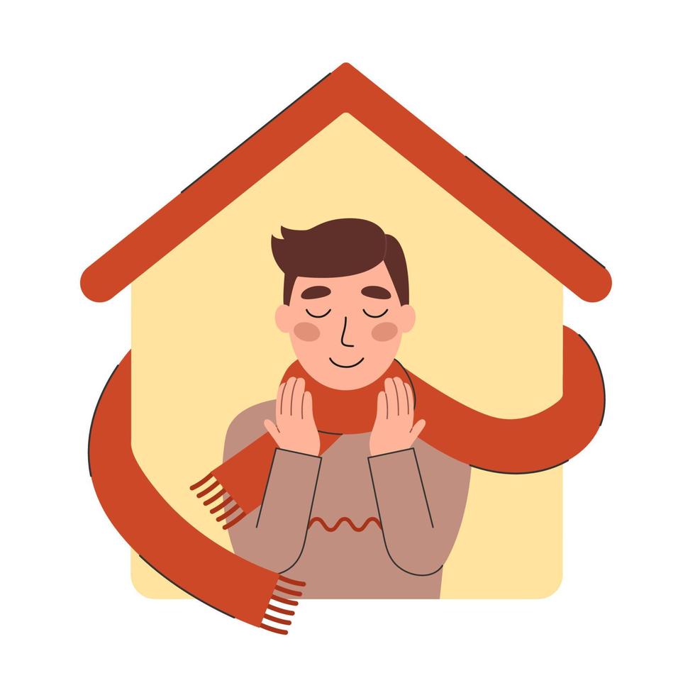 contento uomo nel un' sciarpa su il sfondo di il suo Casa. accogliente casa concetto vettore illustrazione