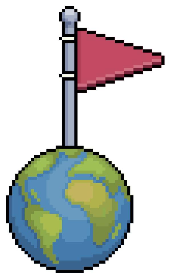 pixel arte terra globo con rosso bandiera incollato vettore icona per 8 bit gioco su bianca sfondo