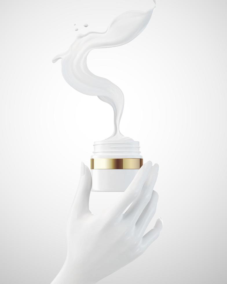 mano Tenere crema vaso con liquido volante su a partire dal il pacchetto nel 3d illustrazione vettore