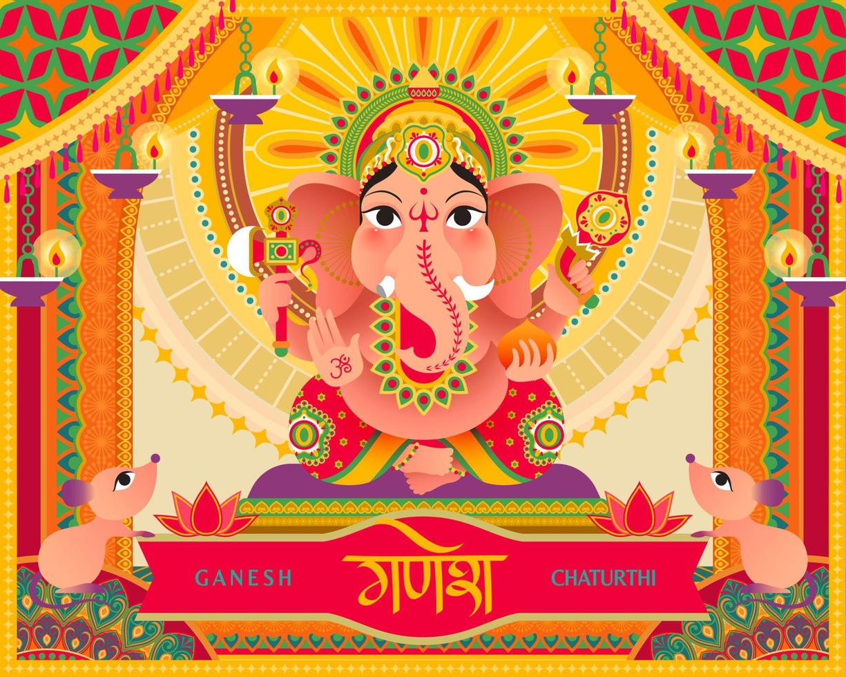ganesh Chaturthi Festival bello indù Dio Ganesha e bellissimo floreale sfondo, Ganesha scritto nel hindi parole vettore