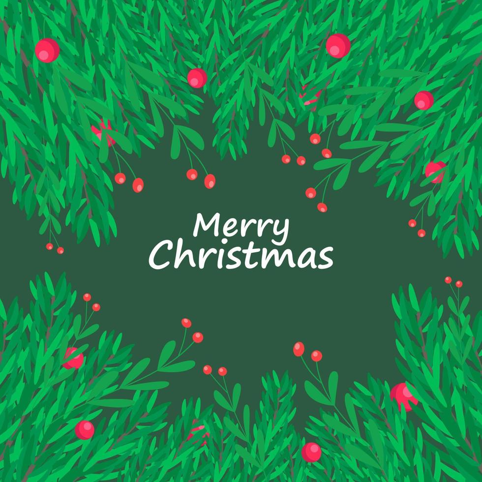 decorativo allegro Natale sfondo con albero rami telaio e agrifoglio frutti di bosco vettore