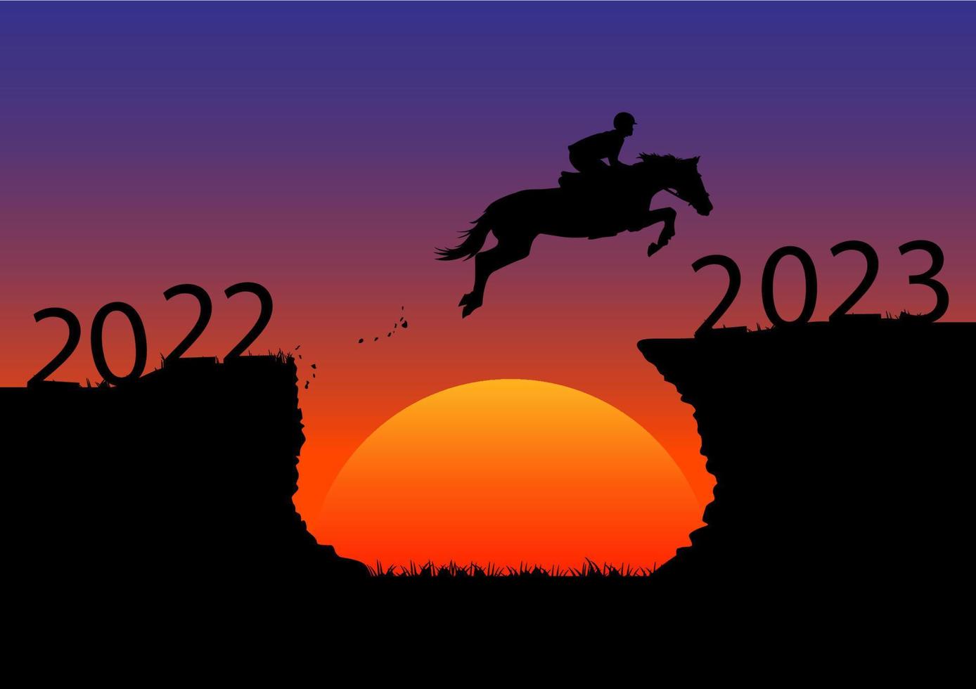 grafica disegno silhouette uomo equitazione motociclo e saltare fra montagna con tramonto sfondo vettore illustrazione
