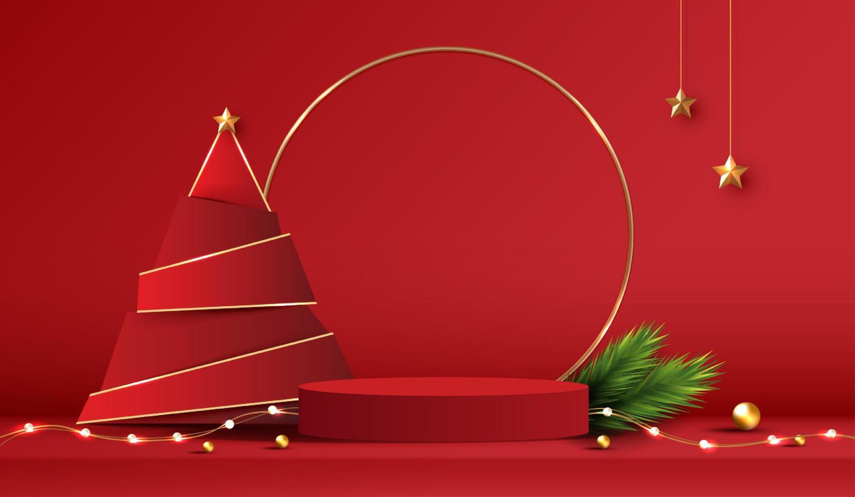 podio forma per mostrare cosmetico Prodotto Schermo per Natale giorno o nuovo anni. In piedi Prodotto vetrina su rosso sfondo con albero Natale. vettore design.
