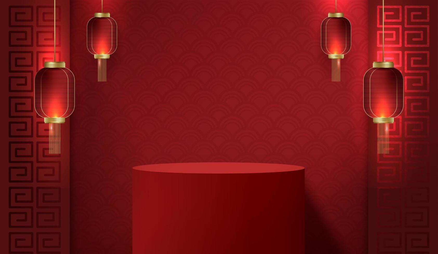 podio palcoscenico Cinese stile per Cinese nuovo anno e festival o medio autunno Festival con rosso sfondo. finto su palcoscenico con festivo lanterne e nuvole. vettore design.