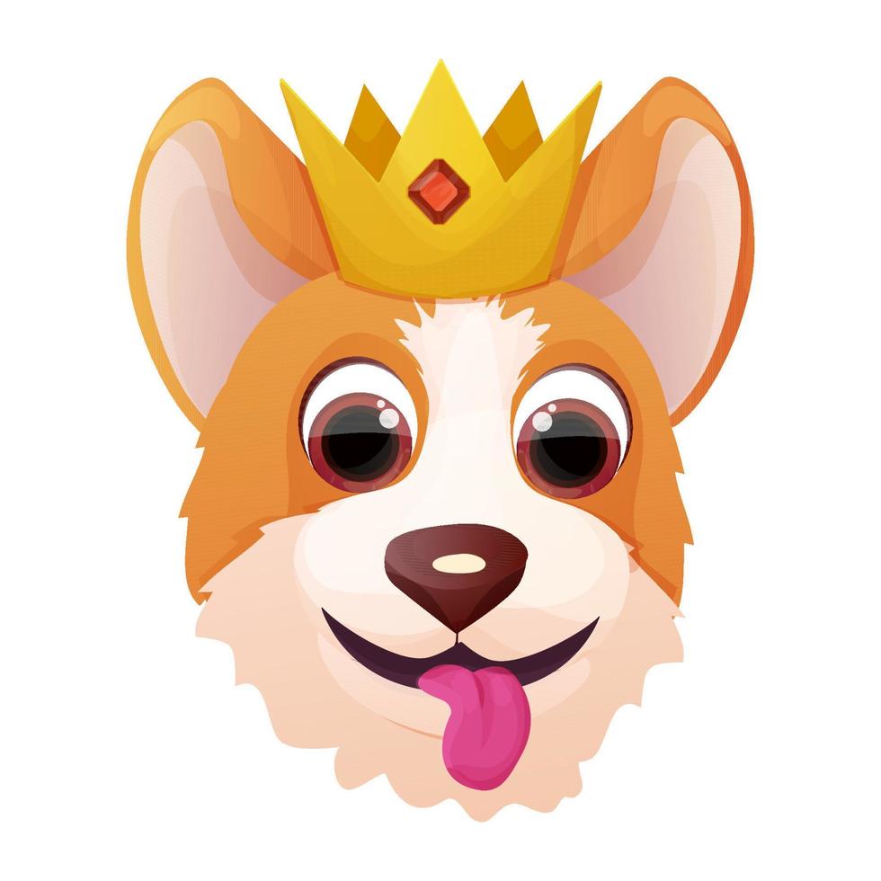 carino reale corgi testa con corona , adorabile animale domestico nel cartone animato stile isolato su bianca sfondo. comico emotivo carattere, divertente posa. vettore illustrazione