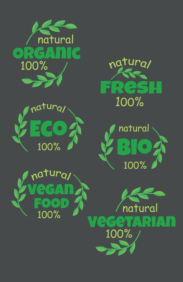 vettore grafica eco bio biologico e naturale prodotti etichetta etichetta distintivo e logo verde le foglie modello su buio sfondo