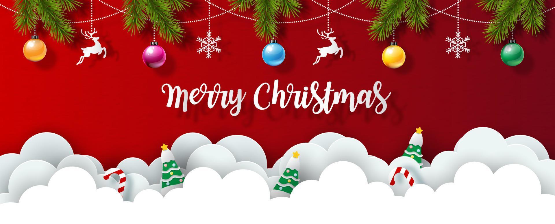 Natale oggetti con Natale lettering e pino le foglie decorato su rosso sfondo e bianca nuvole nel carta tagliare stile. bellissimo Natale saluto carta nel vettore design.
