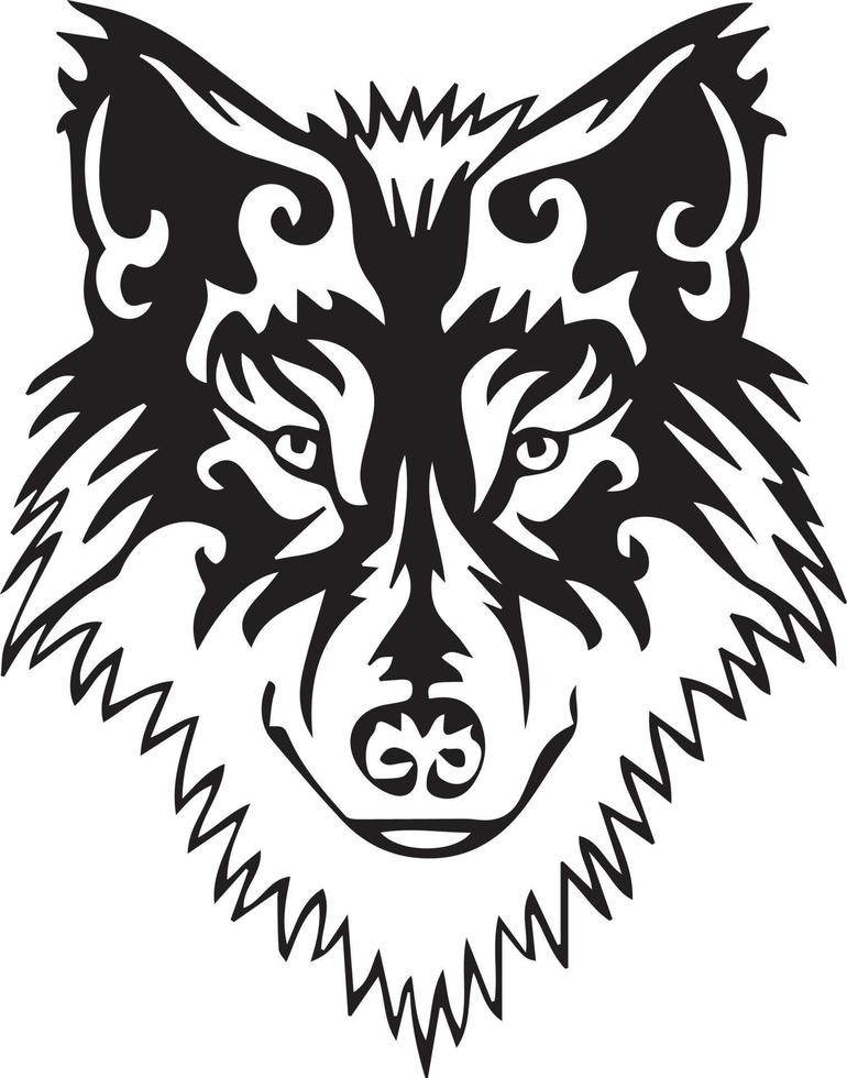 lupo testa illustrazione logo design. lupo portafortuna vettore arte. frontale simmetrico Immagine di un' lupo guardare pericoloso.lupo viso
