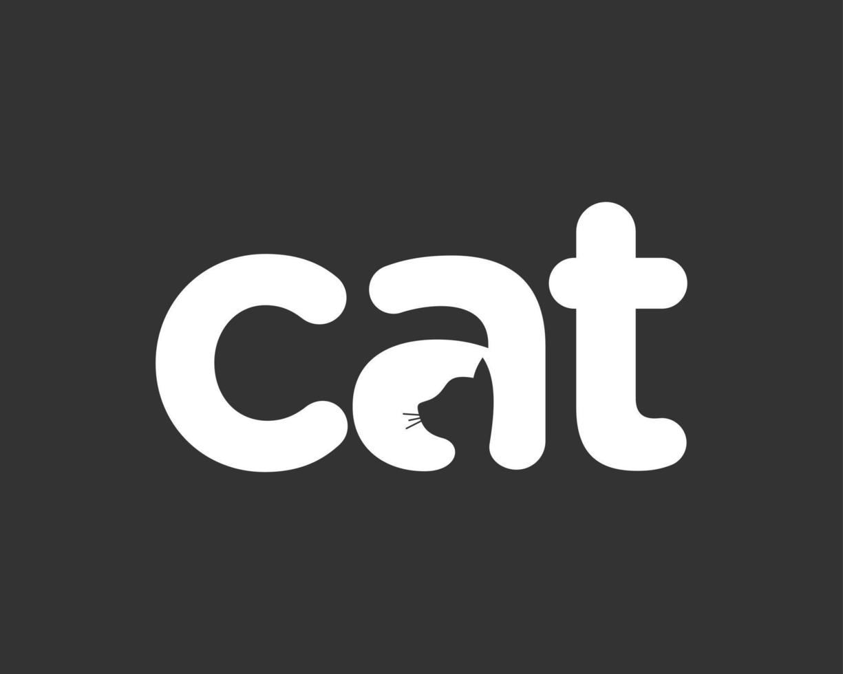 gatto testa viso ritratto animale domestico gattino Miao negativo nascosto tipografia marchio di parole semplice vettore logo design