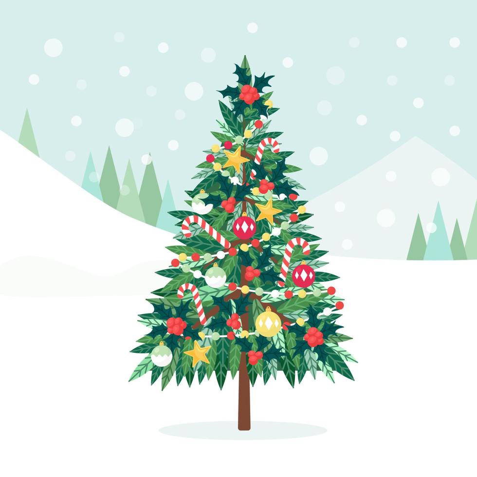 decorato Natale albero con natale stelle, luci, decorazione palle e dolci, raggiante ghirlanda. allegro Natale e contento nuovo anno. vacanza concetto vettore