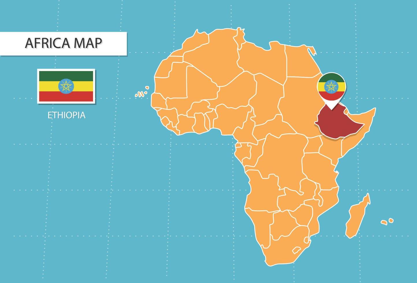 Etiopia carta geografica nel Africa, icone mostrando Etiopia Posizione e bandiere. vettore