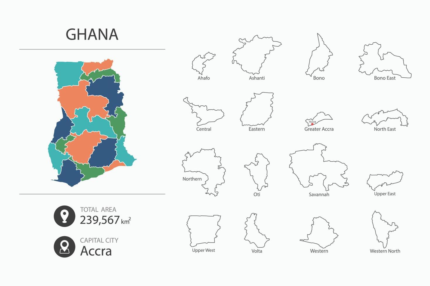 carta geografica di Ghana con dettagliato nazione carta geografica. carta geografica elementi di città, totale le zone e capitale. vettore