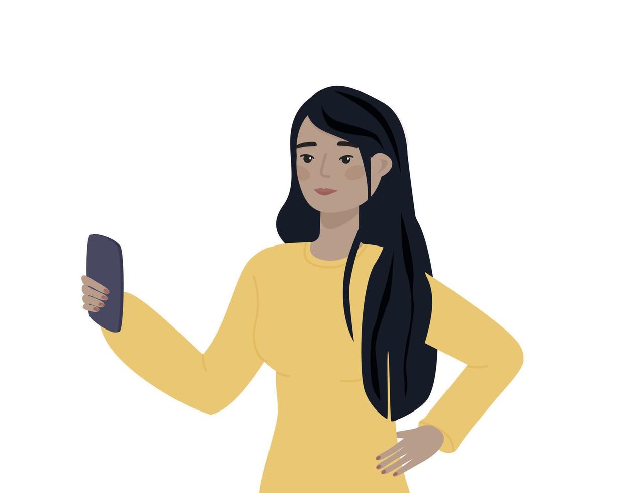 asiatico personaggio con mobile Telefono su bianca sfondo. donna Tenere smartphone. giovane adulto con aggeggio isolato vettore illustrazione.