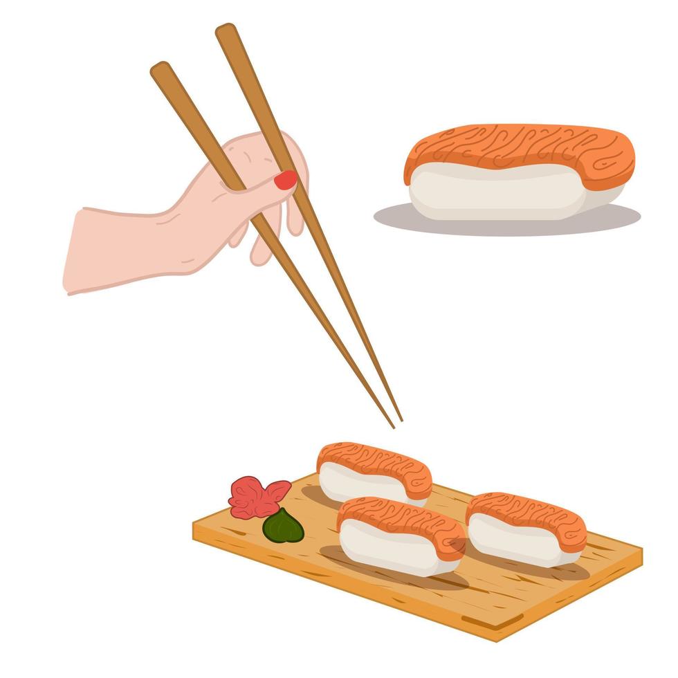 sushi impostato su Woode asse, bacchette nel mano. rotoli con salmone. asiatico cibo vettore illustrazione