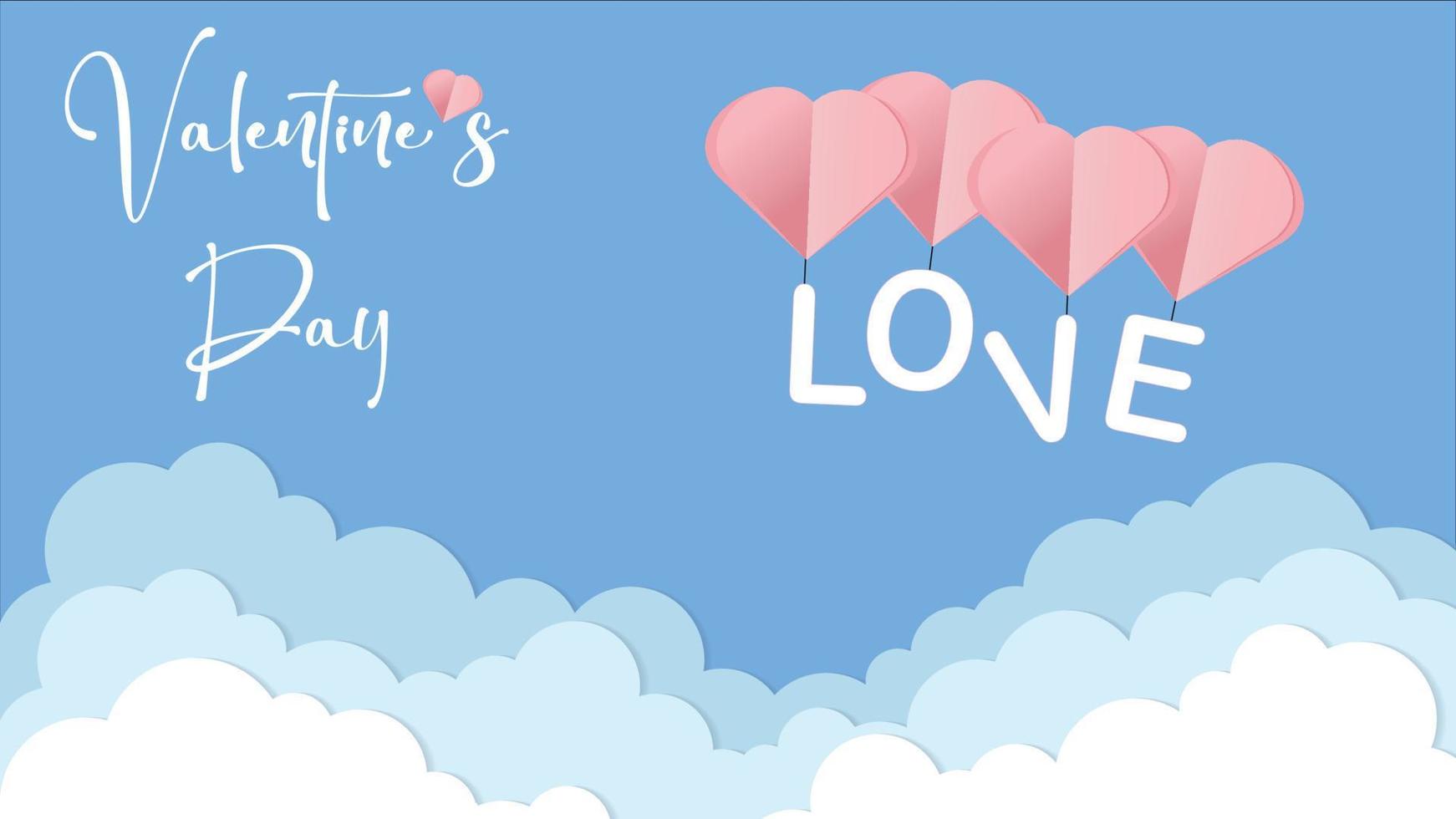 vettore amore cartolina per San Valentino giorno con con il iscrizione amore, sospeso su il cuore, carta nuvole e blu sfondo