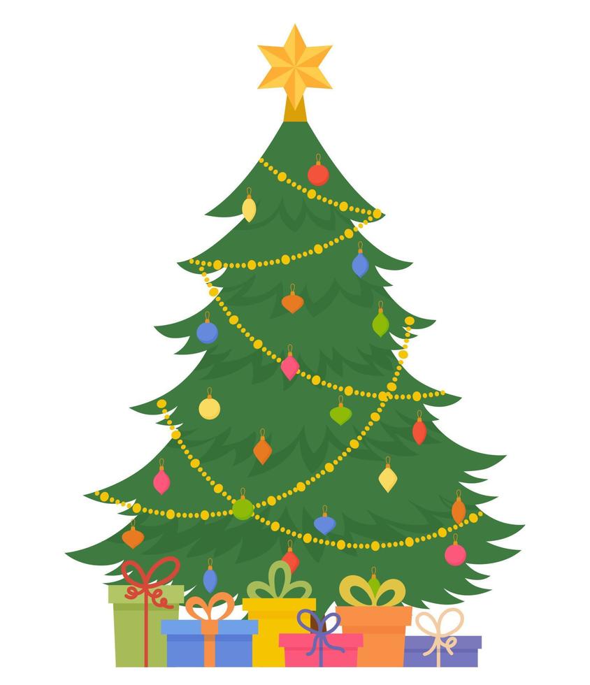 decorato Natale albero con regalo scatole, decorazione e luci. stella, decorazione palle e leggero lampadina catena. tradizionale Natale simbolo. contento nuovo anno design per saluto carte. vettore