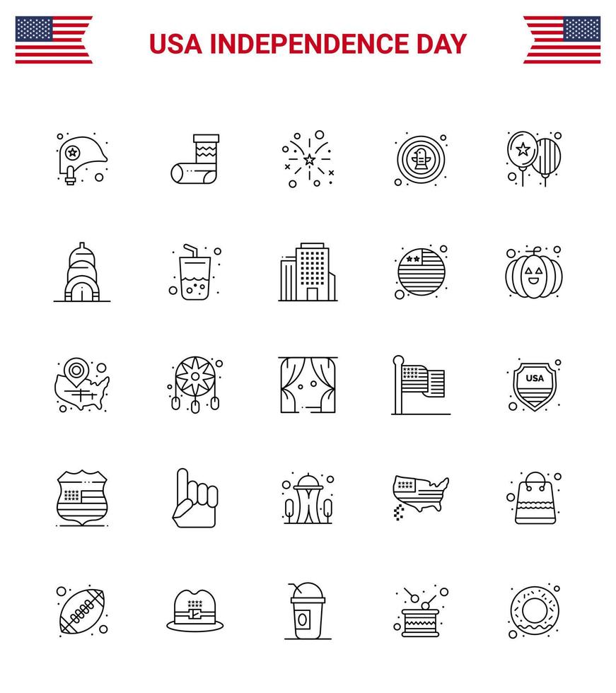 Stati Uniti d'America indipendenza giorno linea impostato di 25 Stati Uniti d'America pittogrammi di palloncini aquila fuoco d'artificio celebrazione americano modificabile Stati Uniti d'America giorno vettore design elementi