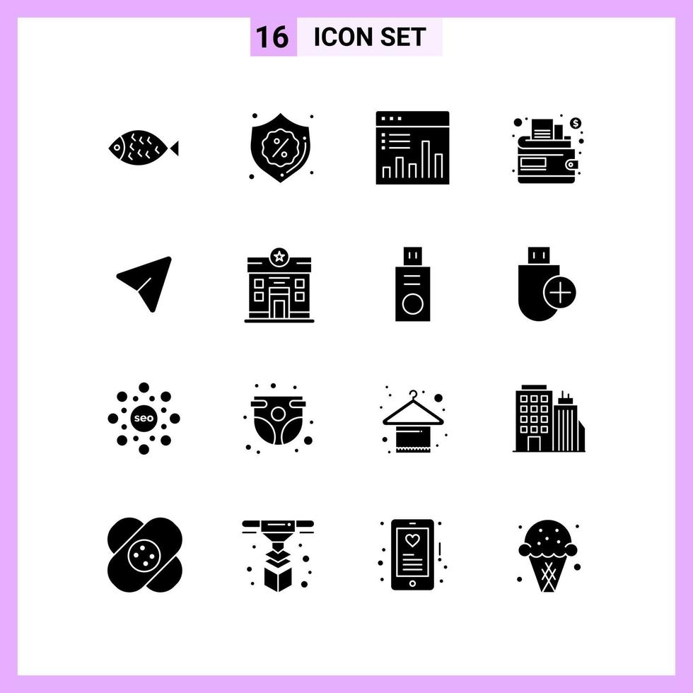 16 icone nel solido stile glifo simboli su bianca sfondo creativo vettore segni per ragnatela mobile e Stampa