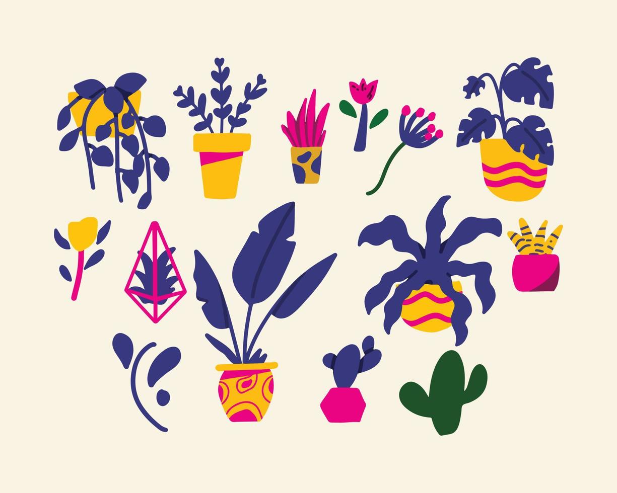 impostato di estetico pianta vivace colore con cactus, haworthia, impianto aereo e Banana pianta. vivace colore illustrazione. vettore illustrazioni nel piatto stile