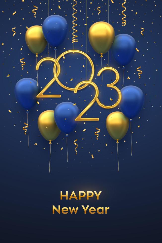 contento nuovo 2023 anno. sospeso d'oro metallico numeri 2023 con 3d festivo elio palloncini e caduta coriandoli su blu sfondo. nuovo anno, natale saluto carta, bandiera modello. vettore illustrazione.