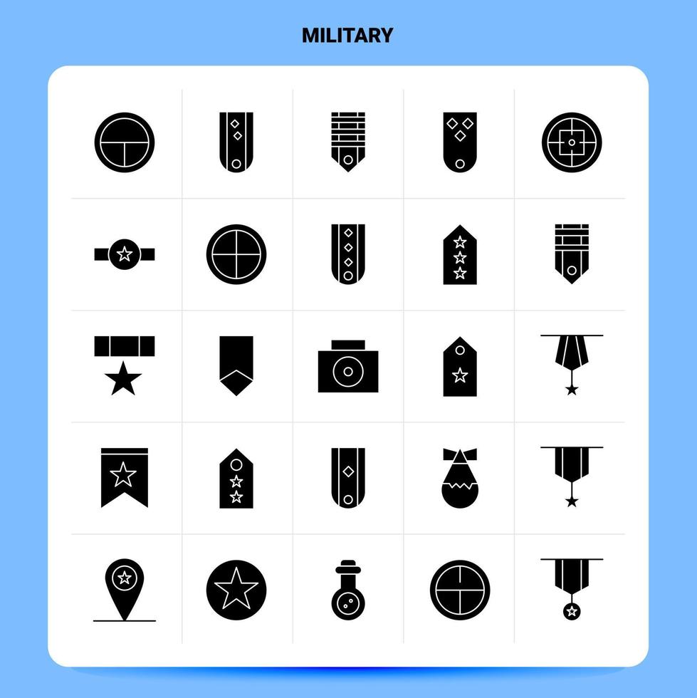 solido 25 militare icona impostare. vettore glifo stile design nero icone impostare. ragnatela e mobile attività commerciale idee design vettore illustrazione.