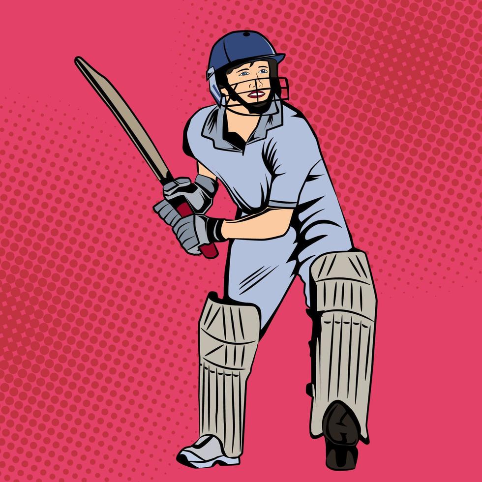 pop arte comico cricket giocatore vettore illustrazione