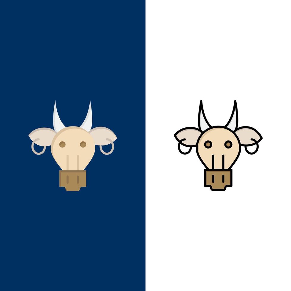 ornamento animali Toro indiano cranio icone piatto e linea pieno icona impostato vettore blu sfondo