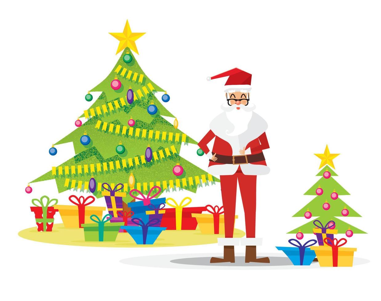 Santa Claus e Natale albero isolato su bianca con regalo scatole, stella, palle e ghirlande. vettore